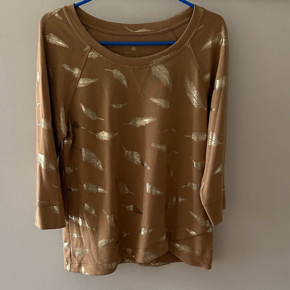 Hearts of Palm Tan Feather Print Long Sleeve Top
